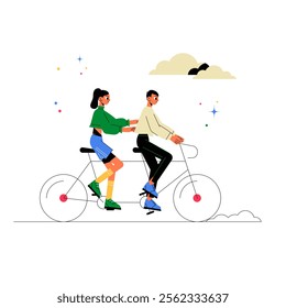 Couple Riding Tandem Bicycle In Flat Vector Illustration Symbolizing Outdoor Activity, Fun, And Togetherness, Isolated On White Background.