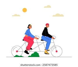 Couple Riding Tandem Bicycle in Flat Vector Illustration Symbolizing Outdoor Activity, Leisure, and Healthy Lifestyle, Isolated on White Background.