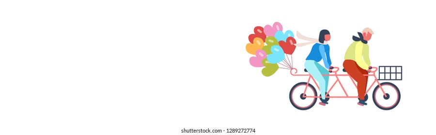 couple riding tandem bicycle with heart shapes air balloons happy valentines day holiday concept man woman lovers cycling twin bike horizontal banner isolated flat