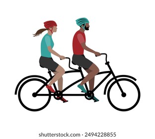 Couple riding tandem bicycle. Man and woman cycling together.