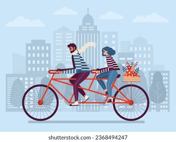 Couple riding tandem bicycle together in city. Young man and woman cycling on modern city background. Mixed race people riding bike in city park, outdoor activities and active lifestyle concept.