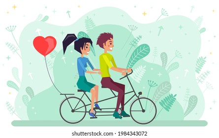 Couple riding twin or tandem bicycle. Woman and man spend time on date actively. Summer activity concept. People on date ride bike for two. Loving characters in tandem on abstract floral background