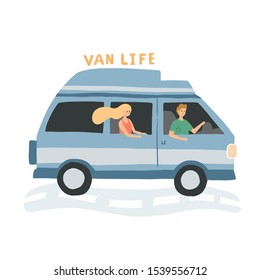 Couple Riding A Van. Family Living In A Van Concept For Banner, Flyer, Article. Hand Drawn Vector Illustration With Van Life Movement.