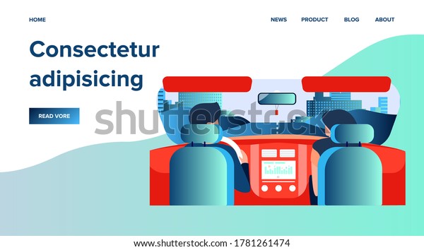 Couple riding\
vehicle. Back view of driver and passenger inside car interior.\
View from backseat. Vector illustration for driving,\
transportation, automobile, traffic\
concept