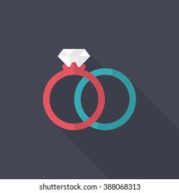 Couple rings and engagement icon, Vector flat long shadow design. Fall in love