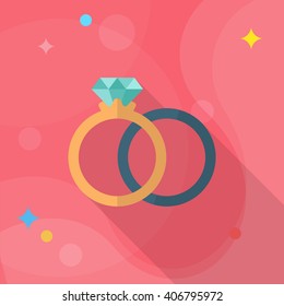 Couple rings and engagement icon, Vector flat long shadow design. Fall in love
