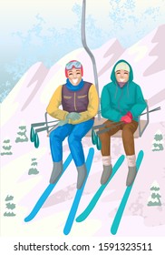 Couple rise to the ski lift elevator. Happy caucasian man and woman holding ski poles. Snow forest tree. Family vacation on ski resort. Winter mountain landscape. Vector cartoon illustration concept