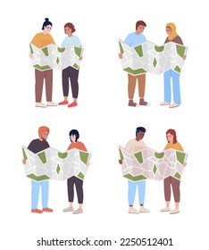 Couple road journey semi flat color vector characters set. Editable figure. Full body people on white. Consulting map simple cartoon style illustration pack for web graphic design and animation