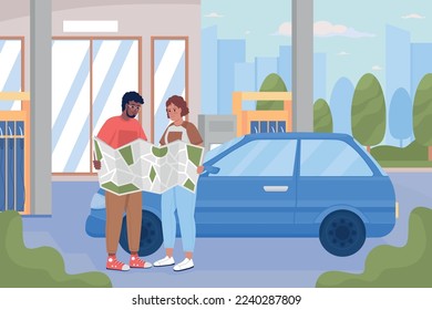 Pareja de viaje por carretera por vehículo de imagen vectorial de color plano. Largo viaje. Parar en la gasolinera. Compruebe la ruta en el mapa de papel. Personajes de dibujos animados sencillos en 2D totalmente editables con paisaje urbano en segundo plano