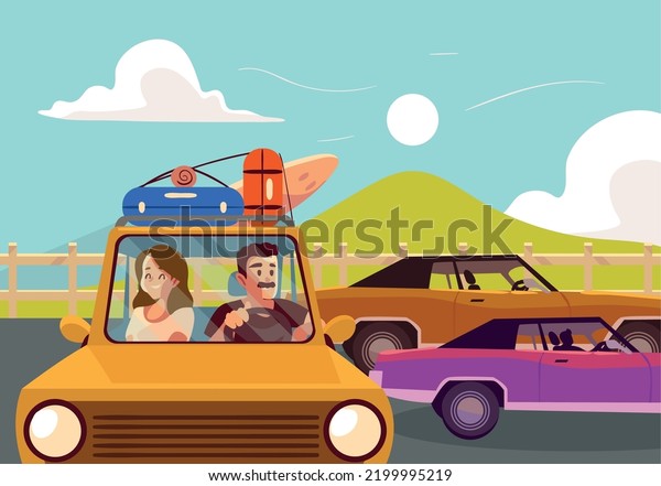 couple in road trip,\
sunset landscape