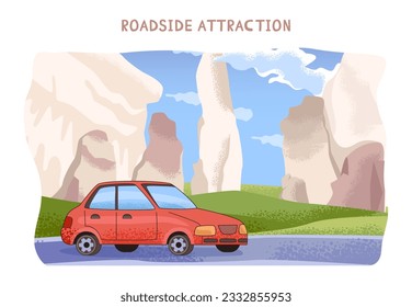 Couple road trip. Young man and woman going on vacation by a car. Characters driving a car on a summer holidays, traveling the world together. Flat vector illustration