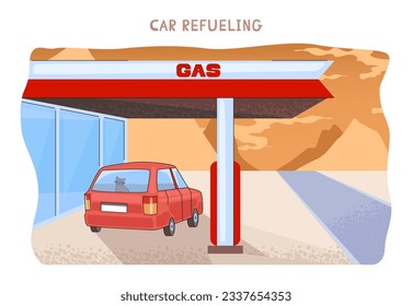 Couple road trip. Young man and woman going on vacation by a car. Characters driving a car on a summer holidays, refueling on a gas station. Flat vector illustration