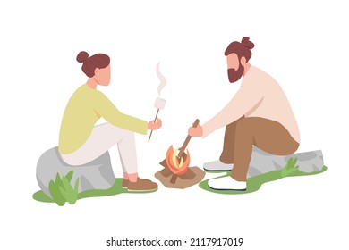 Couple roasting marshmallows on sticks semi flat color vector characters. Sitting figures. Full body people on white. Simple cartoon style illustration for web graphic design and animation