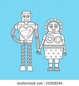 Couple robots in Love - doodle -Vector illustration