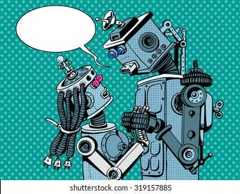 couple robots man woman love retro style pop art