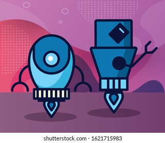 couple of robots technology icons vector illustration design