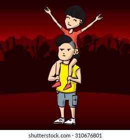 Couple of rock music fans on the concert. Hand drawn cartoon vector illustration.