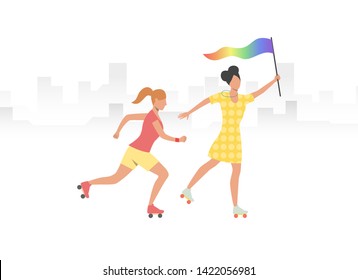 Couple of roller skaters with rainbow flag. Women, lesbian, LGBT community. Homosexuality concept. Vector illustration can be used for topics like LGBTQ pride, parade, festival, activity