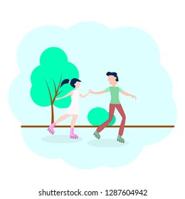 Couple rollers. Vector illustration. Cartoon character. Roller skates. Sport background. Vector illustration. - Vector