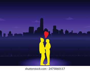 Romance de la pareja abrazando con un globo rojo en la noche delantera Nuevo paisaje urbano de York en degradado oscuro cubierta de libro colorida mínima, fondo de ilustración de póster