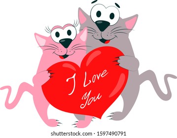 
A couple of romantic cats in love for Saint Valentine's day, February 14. A gray cat and a pink cat with a red heart in their paws with the inscription "I love you" on isolated white background