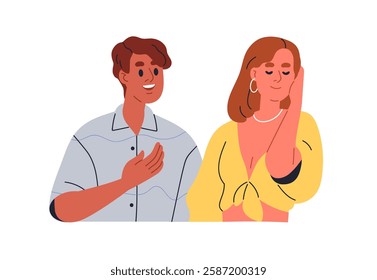 Couple in romantic conversation. Happy man confessing love to shy woman, flirting, complimenting. Male and female affection, feelings expression. Flat vector illustration isolated on white background