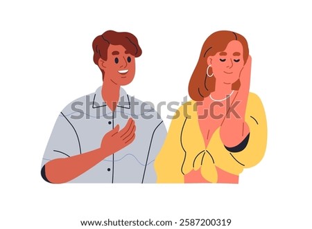 Couple in romantic conversation. Happy man confessing love to shy woman, flirting, complimenting. Male and female affection, feelings expression. Flat vector illustration isolated on white background