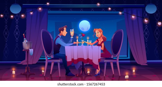 Couple romantic date dinner, man holding woman hand sitting at served table in dark room at window with view of moon in night sky drinking champagne, candles, flower petals Cartoon vector illustration