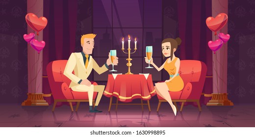 Couple romantic date dinner, man and woman with wineglass in hand sitting at table with burning candles in dark room at window with cityview drink champagne, heart balloons Cartoon vector illustration