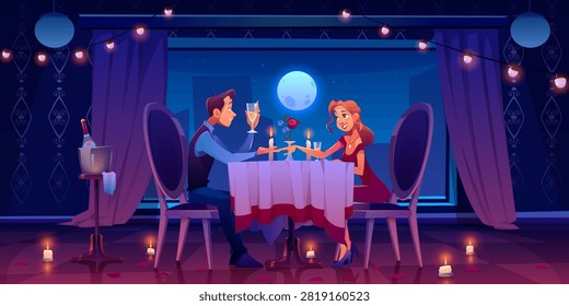 Couple romantic date dinner, man holding woman hand sitting at served table in dark room at window with view of moon in night sky drinking champagne, candles, flower petals Cartoon vector illustration