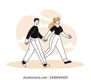 Couple at romantic date linear. Man and woman walk and holding hands. Love and romance. Pair spending time together. Poster or banner. Doodle flat vector illustration isolated on white background