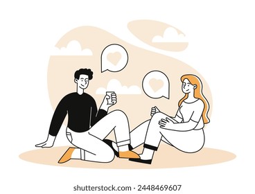 Couple at romantic date linear. Man and woman sitting and chatting with each other. Love and romance. Pair spending time together. Doodle flat vector illustration isolated on white background