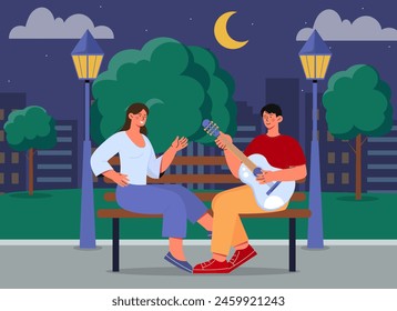 Couple at romantic date. Man with guitar and woman sitting at bench at city park. Romance and love. Meeting outdoors in evening. Pair in love, family. Cartoon flat vector illustration