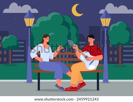 Couple at romantic date. Man with guitar and woman sitting at bench at city park. Romance and love. Meeting outdoors in evening. Pair in love, family. Cartoon flat vector illustration