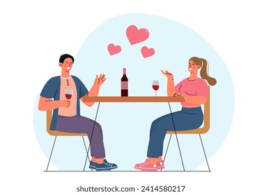 Couple at romantic date. Man and woman sitting at table with bottle of wine. Pair in restaurant or cafe. Love and romance. Cartoon flat vector illustration isolated on white background