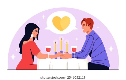 Couple at romantic date. Man and woman sitting at table with candles and glasses of alcoholic drink. Love and romance. Valentines day and wedding anniversary. Flat vector illustration