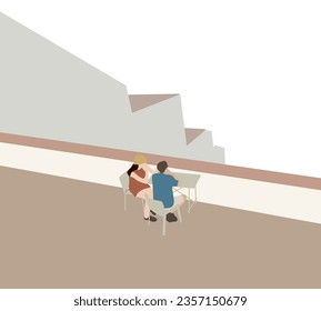 Doppelzimmer mit romantischem Datum auf Balkon oder Dachterrasse. Blauer Himmel und bezaubernde Stadt im Hintergrund im Sommer.