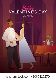 Couple romantic dinner in restaurant, man and woman dancing. Vector illustration