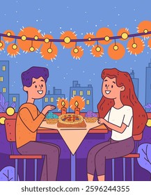 Couple romantic dinner rooftop setting night. Smiling pair enjoying meal under string lights with city skyline background colorful elements and candles