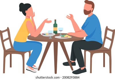 Couple at romantic dinner semi flat color vector characters. Sitting figure. Full body people on white. Date isolated modern cartoon style illustration for graphic design and animation