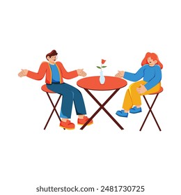 Pareja en una cena romántica semi plana color Vector personajes Dibujado a mano diseño plano personas que comen ilustración Mujer hablando con el hombre en una mesa en un restaurante