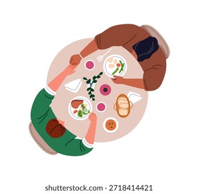 Couple at romantic dinner, sitting at dining table. Man and woman having meal overhead, top view. People holding hands, eating food, talking. Flat vector illustration isolated on white background