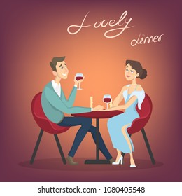 Couple romantic dinner sitting in restaurant with wine.