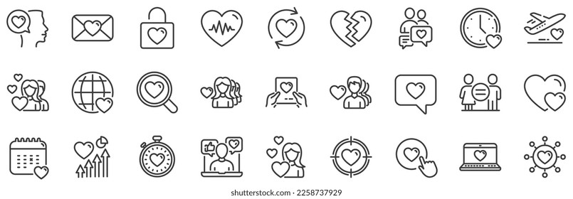 Couple, Romantic and Heart icons. Love line icons. Valentines day love symbols. Divorce or Break up heart, romantic couple. Laptop, timer, communication. Target, valentines day holiday. Vector