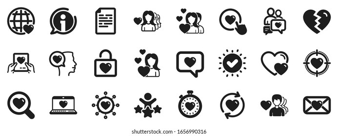Couple, Romantic and Heart signs. Love icons. Valentines day love symbols. Divorce or Break up. Approved check, document. Info bubble, customer rating. Quality set. Vector