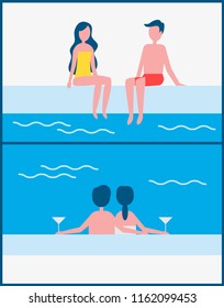 Couple romantic meeting set. People in love drinking alcohol beverages poured in glass sitting in swimming pool water. Vacation holidays vector