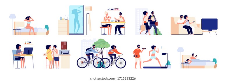 Couple routine. People clean home, everyday caring life. Young girl man together. Happy family lifestyle, housework and cooking vector set