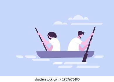 A Couple Rowing A Canoe In Opposite Directions. Concept Illustration For Personal Conflicts