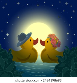 A couple of rubber ducks in love float at night in a pond against the backdrop of stars and a full moon. Concept on the theme of romantic feelings, relationship, wedding and love. Vector illustration.