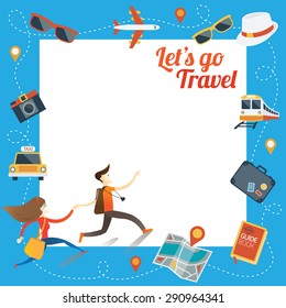 Couple run with Travel Objects Icons Frame, Tourist, Sightseeing, Journey, Inspiration and Concept